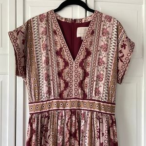 Burgundy floral print silky midi dress